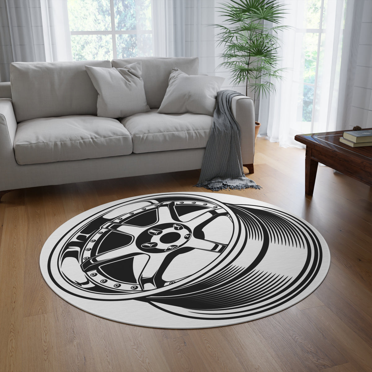 JDM Tuner Car Wheel Garage Rug or Man Cave Rug - Extra Large 5 feet X 5 feet